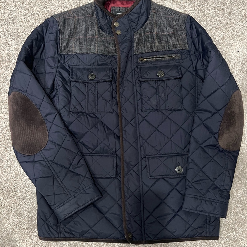 Vince Camuto Navy Quilted Jacket with Gray and Brown details.